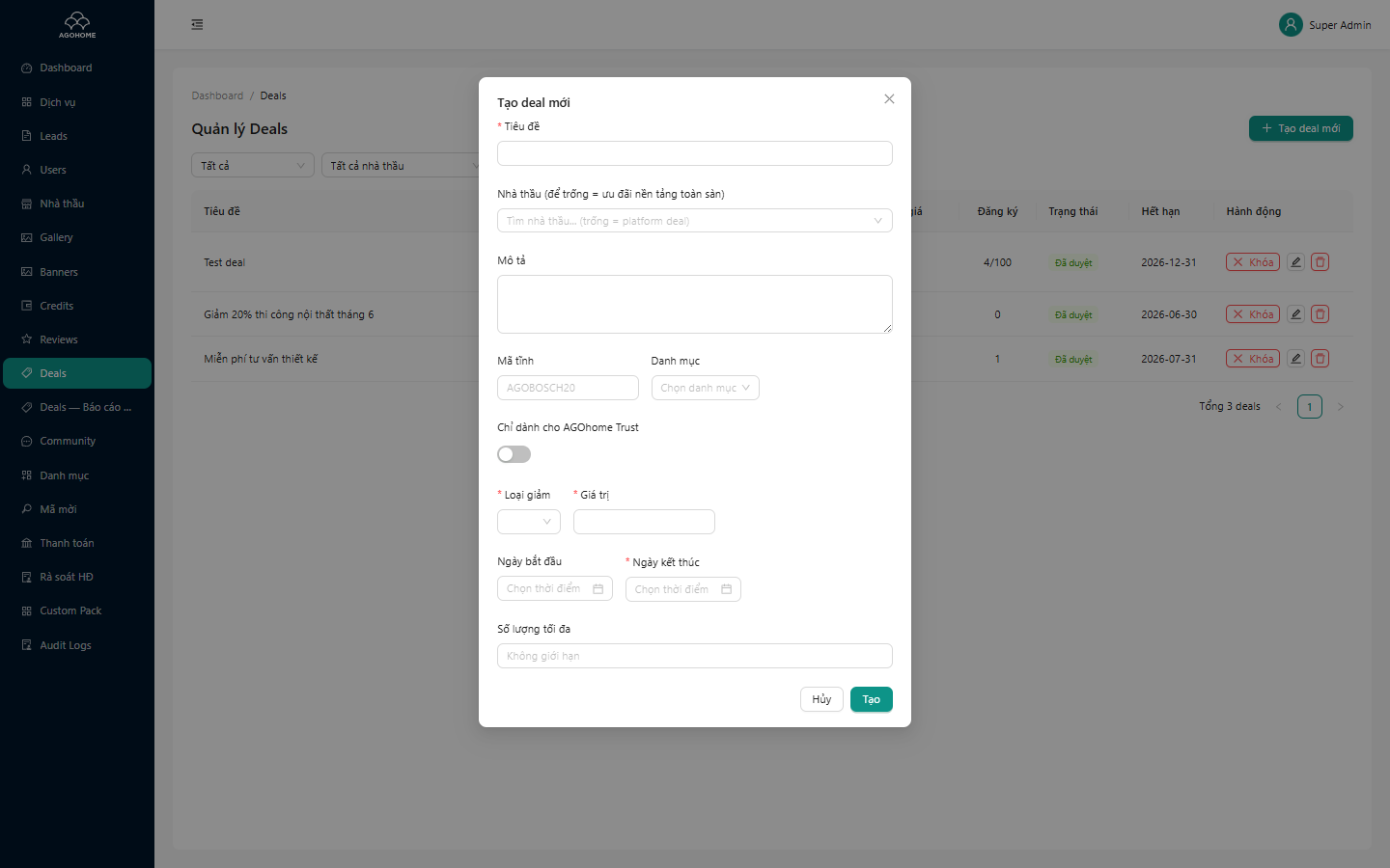 Form tạo deal